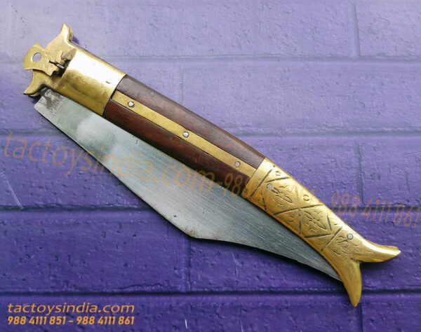 Rampuri Knife Big Sheesham wood + Brass handle Lever lock Spring Steel Switchblade Handmade Folder