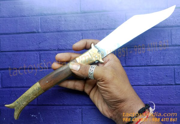 Rampuri Knife Big Sheesham wood + Brass handle Lever lock Spring Steel Switchblade Handmade Folder