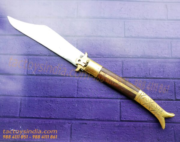 Rampuri Knife Big Sheesham wood + Brass handle Lever lock Spring Steel Switchblade Handmade Folder