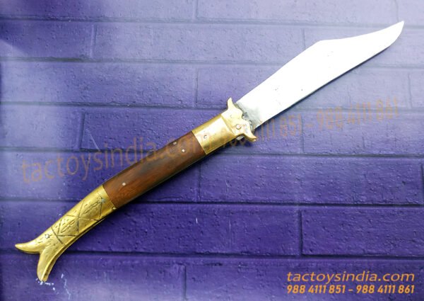 Rampuri Knife Big Sheesham wood + Brass handle Lever lock Spring Steel Switchblade Handmade Folder