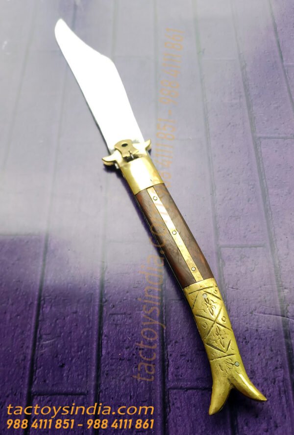 Rampuri Knife Big Sheesham wood + Brass handle Lever lock Spring Steel Switchblade Handmade Folder